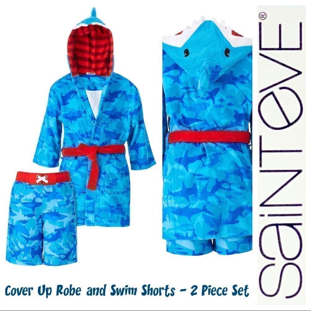 NEW! SAINT EVE Youth Boys Shark Beach CoverUp Robe & UPF50 Swim Trunk 2Piece Set